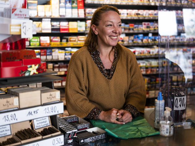 Céline in her tobacco shop Tabac Stop, in Kehl, Germany, on April 26, 2022.