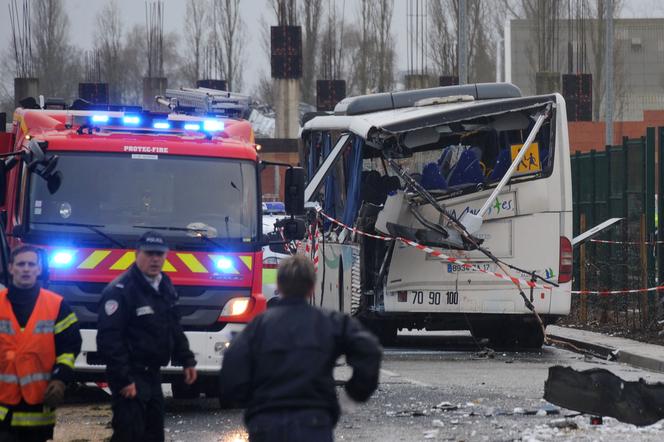 The wreckage of a school minibus after it hit a truck on February 11, 2016, killing six teenagers.  The frontal collision with a truck carrying rubble occurred near Rochefort, in Charente-Maritime.